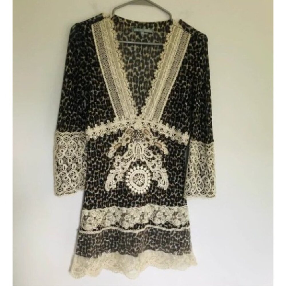 Vintage Passion Concept Leopard Lace Boho Tunic Top Womens Sz M Y2K - Picture 11 of 12